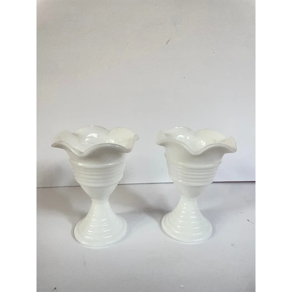 Vintage Milk Glass Bud Vases Ruffled Rim Ribbed Pedestal Ice Cream Dessert Dish